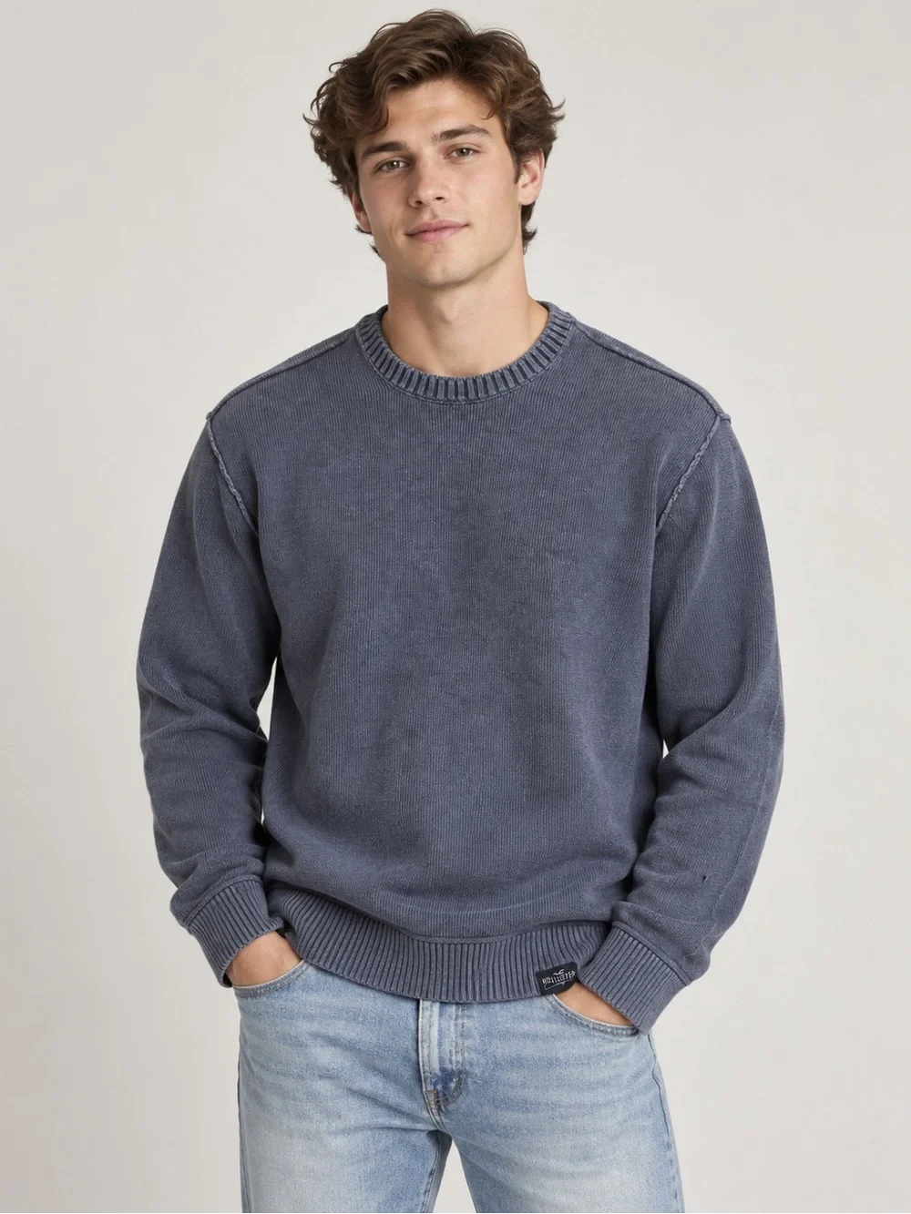 Hollister Men’s Large Gray Washed Crewneck Sweater Distressed Casual